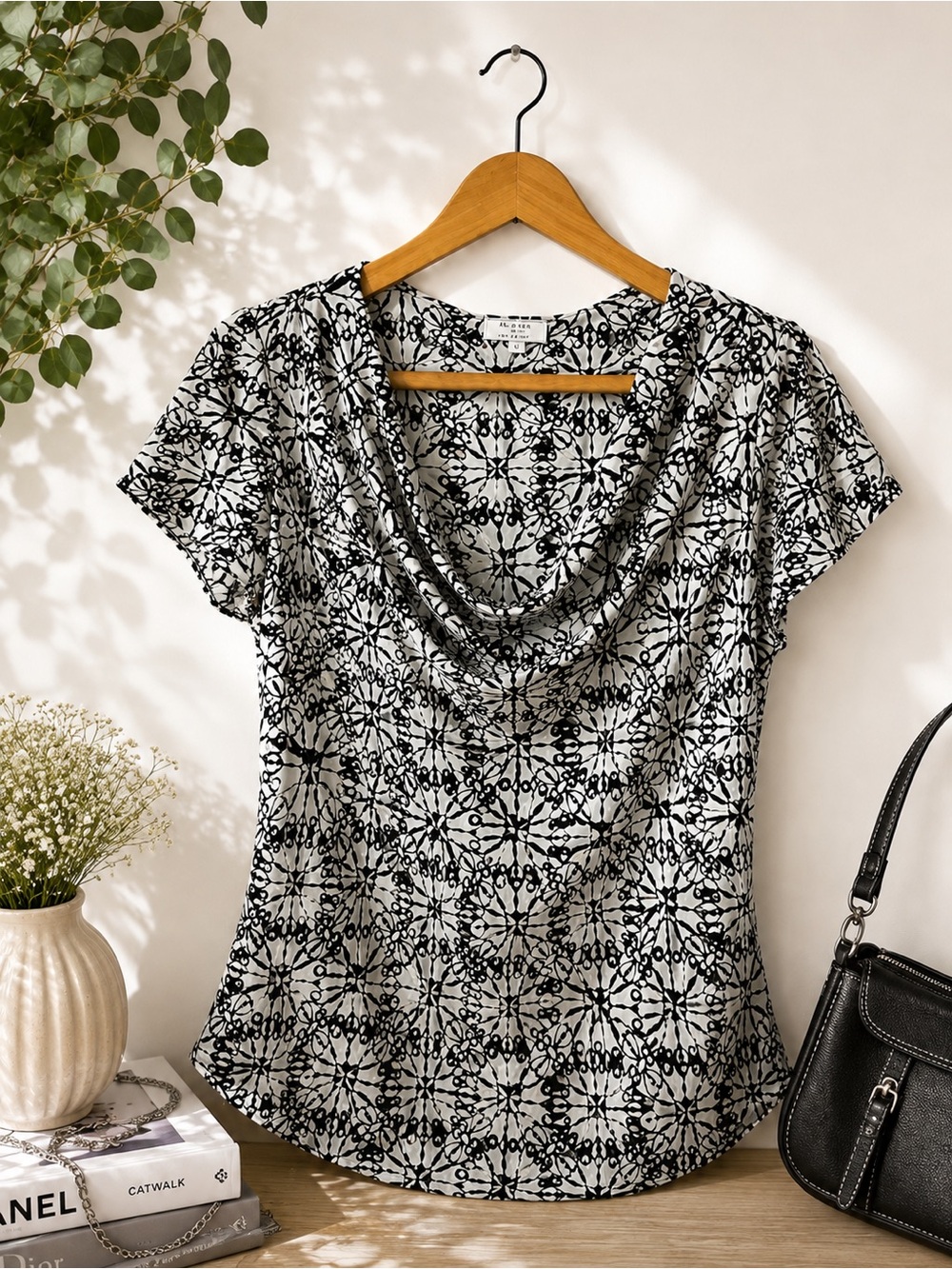 Y2K A. Byer Black White Floral Cowl Neck Blouse Artsy Print Top